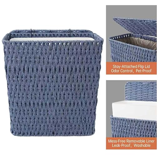 Coeusy 3 Gallon Paper Rope Bathroom Trash Can,Small Wicker Trash Cans with Lid and Liner,Woven Rattan Narrow Waste Basket for Bedroom,Office,Blue