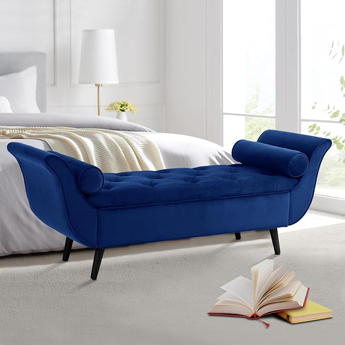 Storage Bench for Bedroom End of Bed, Velvet Upholstered Rolled Armed Button Tufted Sofa Stool Bench, Storage Ottoman Couch Long Bench with Solid Wood Legs (Navy)