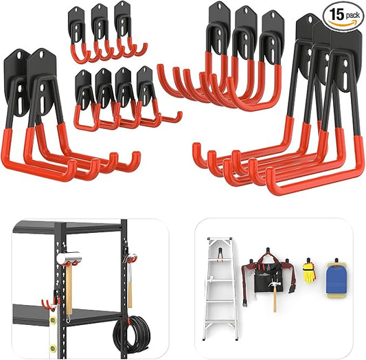 TORACK 15 PCS Garage Storage System Hooks, Shelving Hooks for Keyhole Shelving Units Wall Mount Utility Hooks for Tools, Ladders, Cords, Folding Chairs, Shovels and Rakes(Orange)