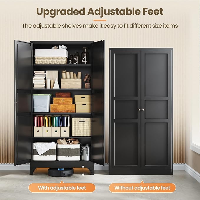 Yizosh Metal Storage Cabinet with 2 Doors and 4 Adjustable Shelves,- 72" Black Kitchen Pantry Storage Cabinet for Kitchen,Living Room,Dining Room