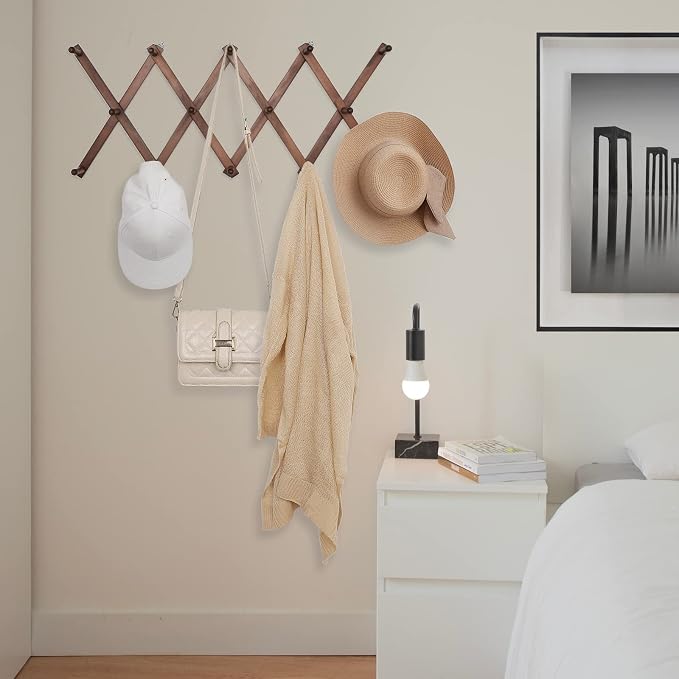 SCUNDA 16 inch High Accordion Wall Hanger with 14 Hooks, Wooden Wall Expandable Coat Rack for Coat, Hats, Baseball Caps, Coffee Mug, Jewelry