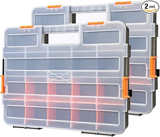CASOMAN Tool Box Organizer Interlocking Black Small Parts Organizer for Fasteners and Crafts w/Removable Dividers (2 Piece Pack)