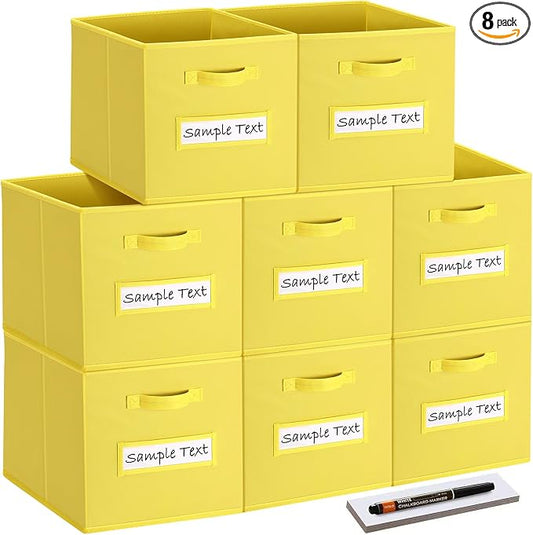 Fabric storage cubes (8 Pack) 11 Inch Cube Storage Bin, cube organizer bins with 8 Labels Window Cards & a Pen, Foldable cube organizer bins and Storage Box, Dark Yellow