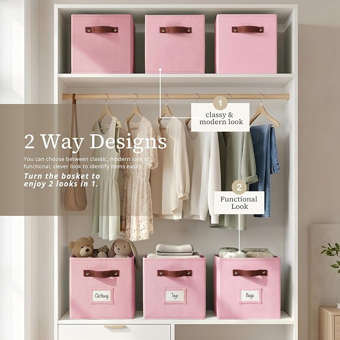 DECOMOMO Storage Bins, Cube Storage Bin with Labels | 10.5" x 11" Fabric Storage Cubes for Shelves (6pcs, Pink)