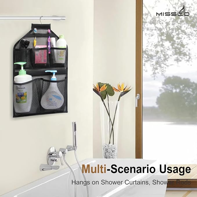 MISSLO Bathroom Shower Organizer Mesh Hanging Shower Caddy with Rotatable Hanger (Black)