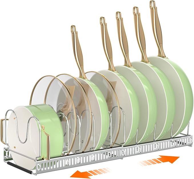 MUDEELA Expandable Pot Pan Lid Organizers inside Cabinet, 10 Divider-Silver | Expandable 11.8–22.9", 10 Adjustable Divider, Tool-Free Assembly, Non-Slip, Scratch-Proof, For Pan Lid Cutting Board Bakeware