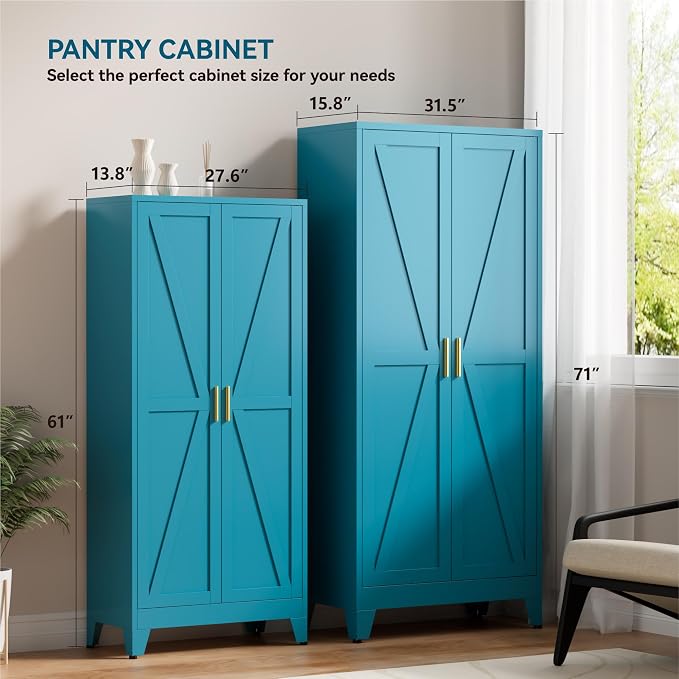 Farmhouse Pantry Cabinet with Barn Doors, 71" H x 31.5" W, 5-Tier Metal Storage Cabinet with 4 Adjustable Shelves for Kitchen Garage Dining Room,Blue 1 Pack