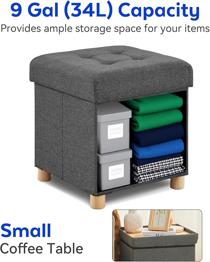 BRIAN & DANY Ottoman with Storage, Square Small Storage Ottoman Foot Rest with Legs, Ottomans Foot Stool for Dorm, Living Room, Entryway 14.8"x14.8"x17.8" (Gray)