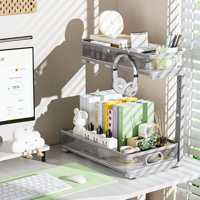 Under Sink Organizer 2 Pack, High Adjustable 2 Tier Under Sink Organizers and Storage, Slide out Metal Cabinet Organizers, Pull out Storage Drawer Shelf for Kitchen Bathroom Cabinet (Gray)