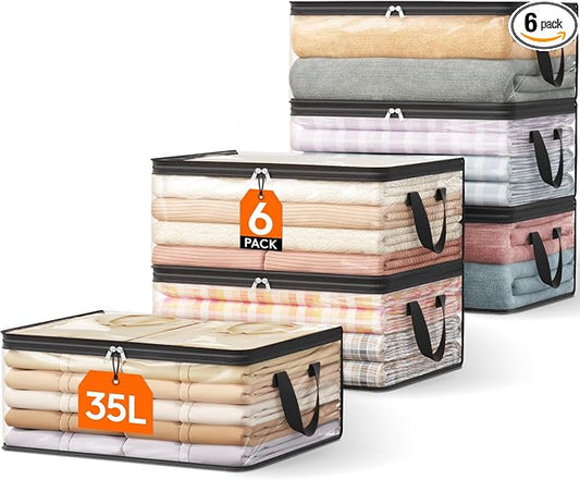 Lifewit 6 Pack Clear Clothes Storage Bags, 35L Plastic Blanket Vinyl Foldable Moving Bags with Zipper, Closet Organizers and Storage Containers for Bedding, Duvet, Pillow