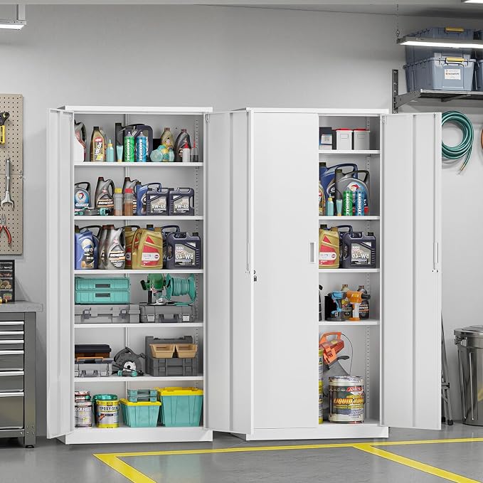 VINGLI Metal Garage Storage Cabinet with 2 Doors and 5 Adjustable Shelves, 71" Tall Steel Lockable File Cabinet, Locking Tool Cabinets for Home Office Garage Gym School (White)