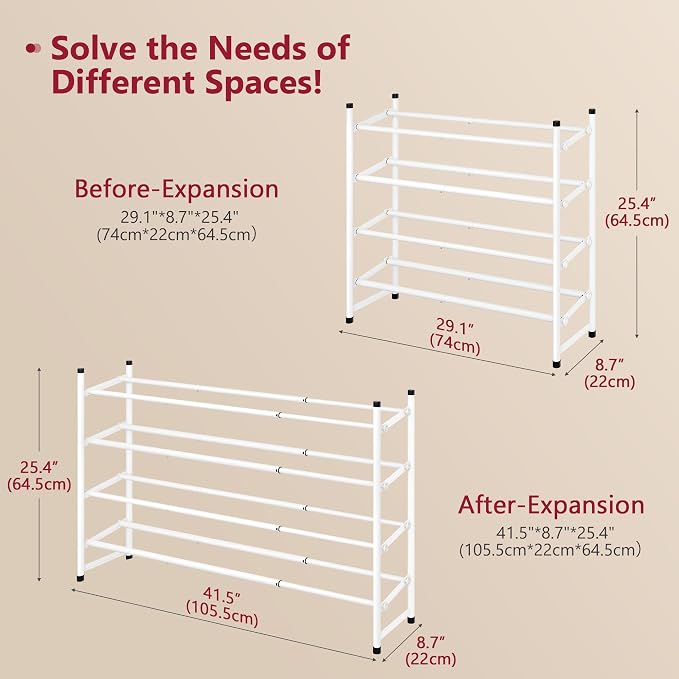 Expandable Shoe Rack for Closet 4 Tier, 29“-41“Adjustable & Stackable Shoe Shelf Storage, Metal Shoe Rack Organizer for Front Door Entrance, Closet, Garage, Entryway, White | Adjustable Shoe Organizer Closet Shoe Rack Floor, Metal Shoe Shelf Storage fo...