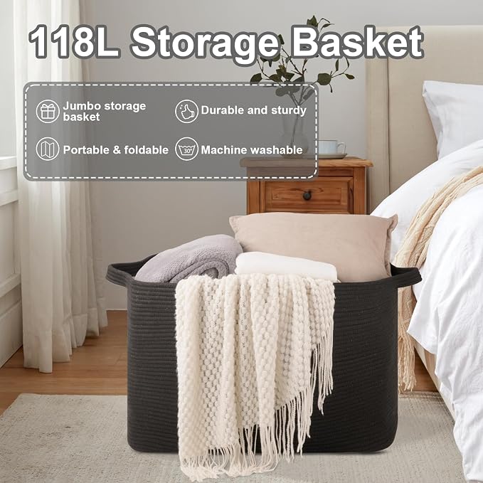 OIASKET 118L Extra Large Blanket Basket, 24.8" x 17.7" x 17.2" Woven Storage Basket for Living Room, Rectangle Nursery Blanket Storage for Toys, Towels, Dirty Clothes (Black)