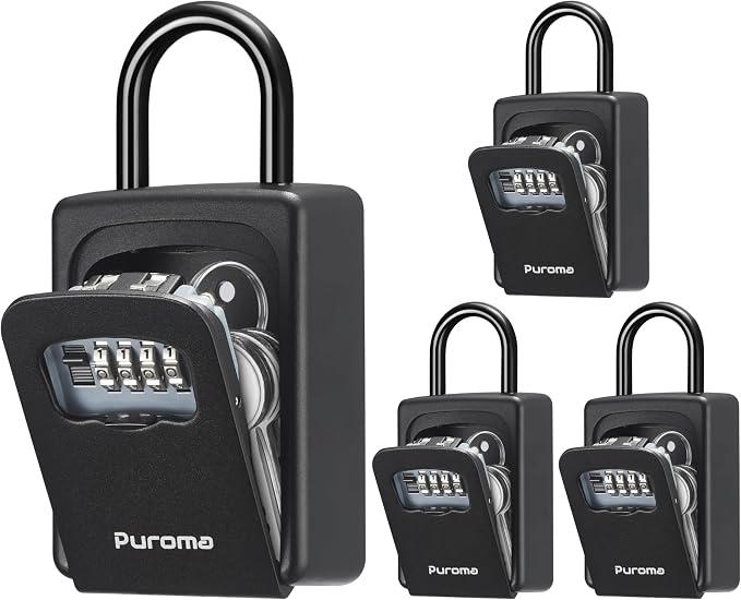 Puroma Lock Box, Large Key Lock Box Resettable Combination Lockbox, Portable Wall Mount Lockbox Security Safe Box for Outside Outdoor Home Office Door Handle House Key, Pure Black (4 Pack)