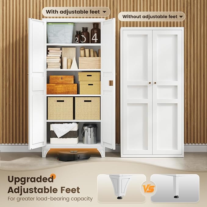 Yizosh Metal Storage Cabinet with 2 Doors and 4 Adjustable Shelves - 61" White Kitchen Pantry Storage 5-Tier Tall Steel Cabinets Locker for Kitchen, Living Room, Dining Room