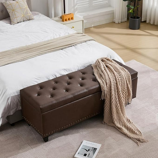 Tbfit Long Ottoman with Storage, 50.8" Faux Leather End of Bed Bench with Safety Hinge, Entryway Benches Large Storage Ottoman Bench for Bedroom, Living Room, Holds up to 660 lb(Dark Brown)