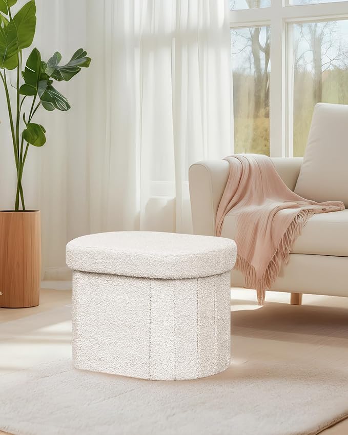 B FSOBEIIALEO Storage Ottoman for Dorm Room, Boucle Folding Storage Ottoman Foot Rest, 16.14 Inches Small Collapsible Ottoman Cube for Living Room White Cream