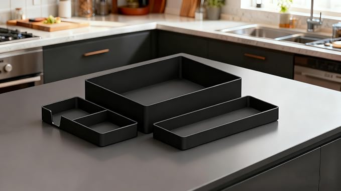 Amazon Basics Rectangular Plastic Desk Organizer Bundle, 3 Pieces with Half Accessory Tray, Small, Black