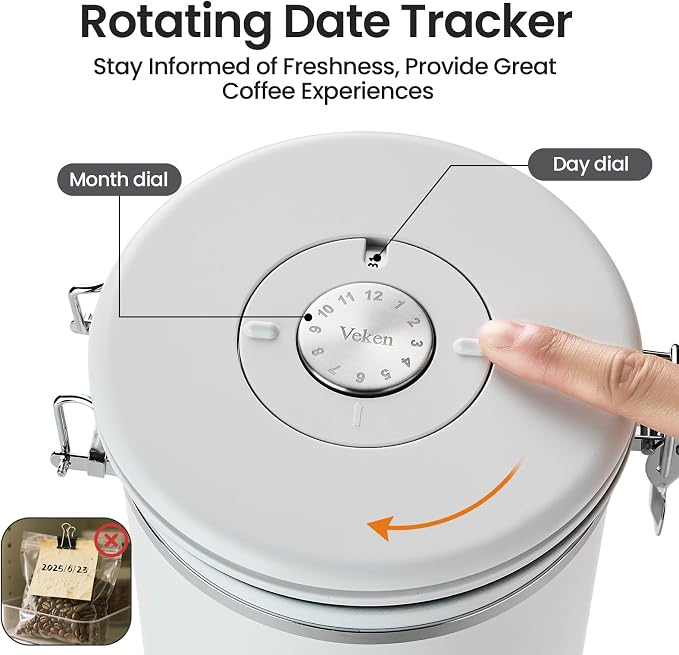 Veken Coffee Canister,39OZ, 2.2lbs,Large Airtight Stainless Steel Container | Date Tracker, Kitchen Food Storage Jars for Beans,Ground, Espresso, Rice,Tea, Sugar, Cereal, Cookie,Gifts, Lids, Scoop, White