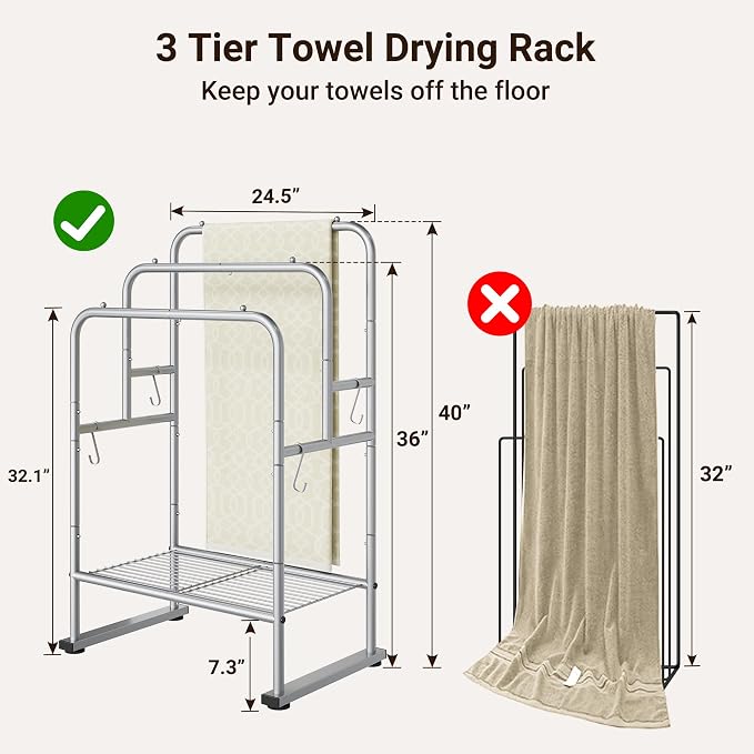 ELYKEN 40" H Freestanding Towel Rack with Shelf, 3 Tier Towel Stand, Silver | Metal Drying Rack for Oversized Bath Towels & Blankets, 4 Hooks, Indoor & Outdoor Use, Fits Bathroom, Tub, Shower, Poolside