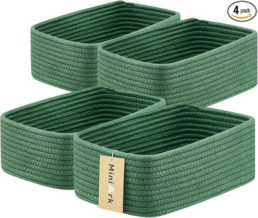MiniArk Small Storage Baskets for Organizing | Closet Organizer Bins | Shelf Toy Basket | Woven Rope Baskets | Cube Decorative Box | Shallow Basket | 11.5x7.5x4.7” | 4 Packs Green