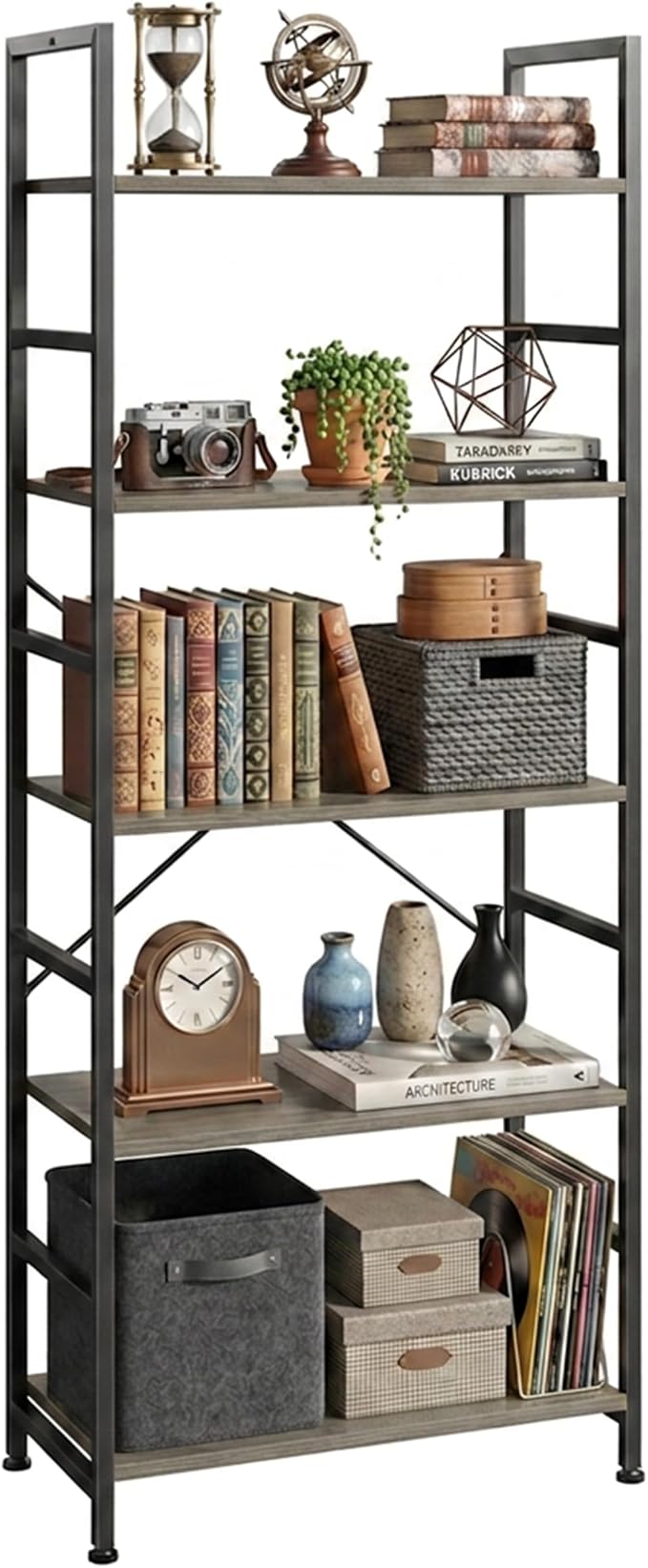 HealSmart 5 Tier Bookshelf, Free Standing Book Shelf Home Office Bookcase Shelf Storage Organizer for Bedroom, Bathroom, Living Room, Office, Balcony, Gray Wood