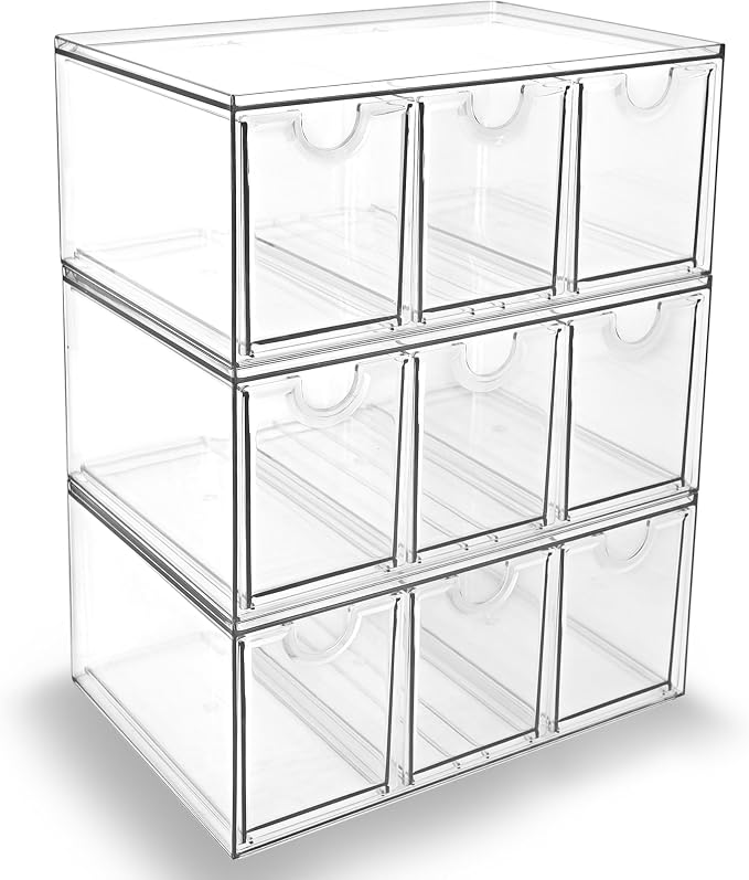 Prsildan Craft Art Supply Organizer Stackable Storage Drawer with 9 Drawers | Clear Acrylic, Tea Bag K Cup Organizer, for Kitchen Office Desk Vanity Makeup Organizer, 3 Pack