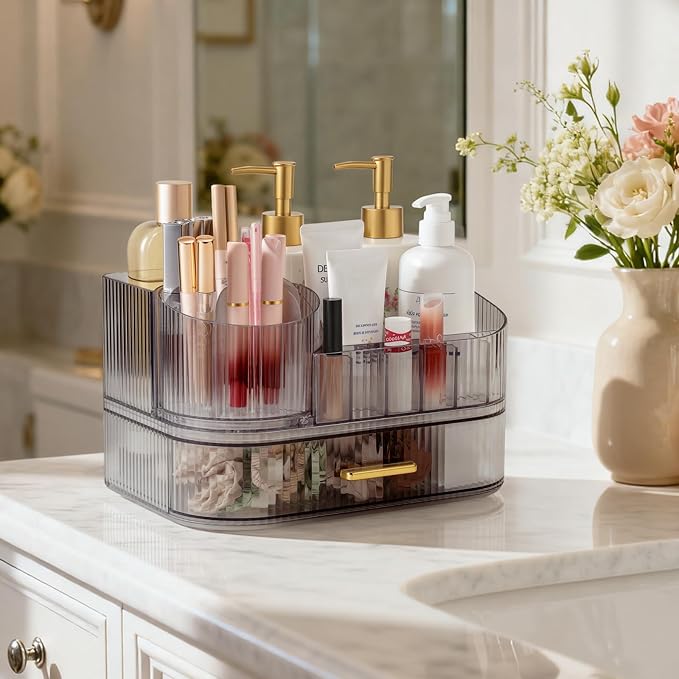 Delamu Rotating Makeup Organizer countertop, Brush Holder for Vanity, Black | Stackable Drawer Makeup Storage for Skincare, Lipstick, Brushes & Perfume, Fits Dresser & Bathroom Countertop, Gift for Women