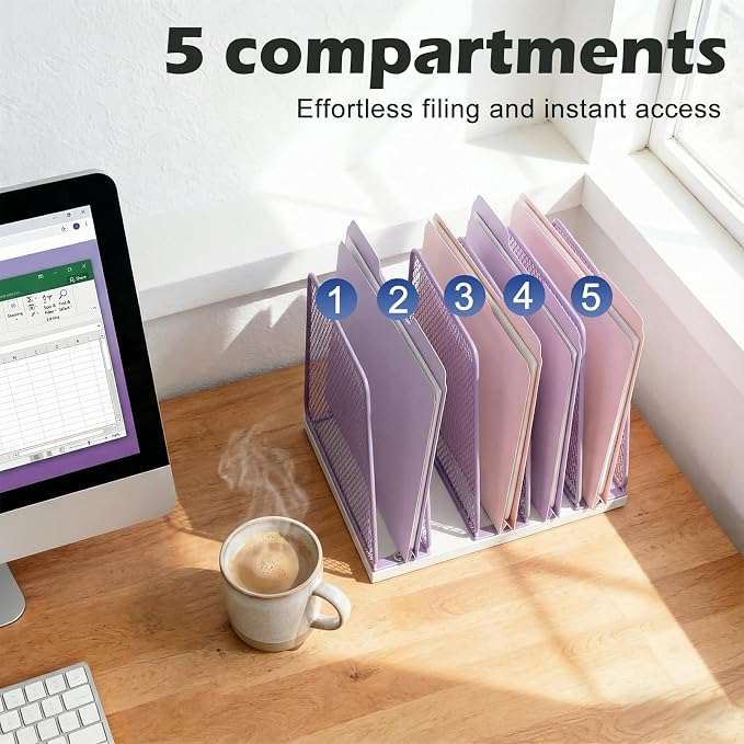 AUPSEN 5-Section File Organizer for Desk, Wood Mesh Desktop File Organizer, File Sorter Storage Rack, Vertical Folder Holder for Files, Magazines, Books (Purple)