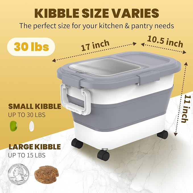 HOYTAMDA 20-30Lbs Rice Container,Collapsible Food Storage Container Wheels | Rice Storage Container with Airtight Locking Lid,Handle,Small Bin &Scoop,Rice Dispenser for Flour Sugar Cereal Grain Dog Cat