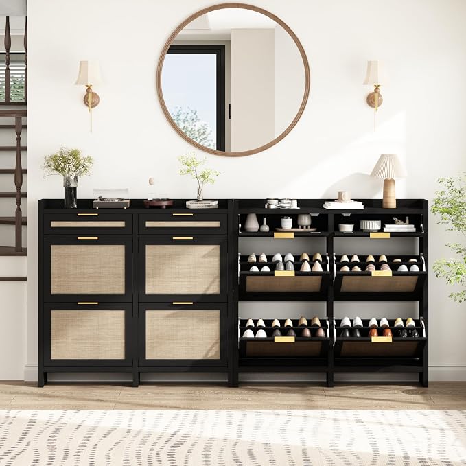 HOKYHOKY Large Rattan Shoe Storage Cabinet with 4 Flip Drawers & 2 Storages | Hidden Slim Shoe Organizer, Farmhouse Boho Narrow Shoe Rack, Large Tabletop Space, Entryway, Rustic Black