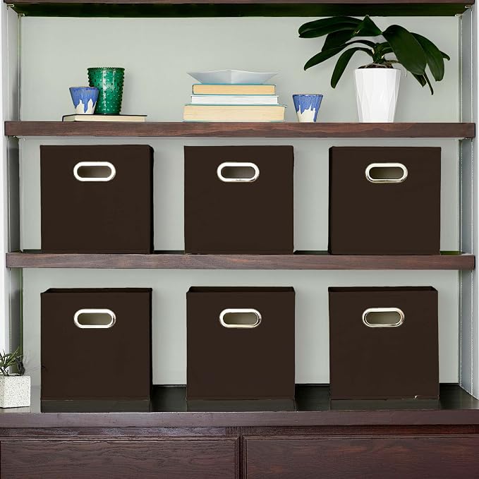 Household Essentials Fabric Storage Bins in Strong Poly‑Woven Fabric with Sturdy Chipboard Sides, and Grommet Front Handle, Brown, Set of 6