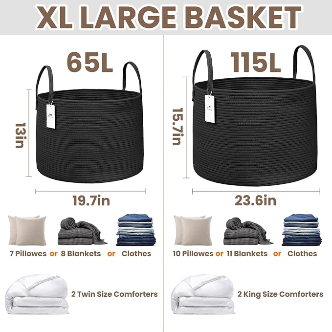 JMvicyroam 115L Extra Large Machine Washable Cotton Rope Blanket Basket | Collapsible laundry hamper, Reinforced handles, For blankets, pillows, toys and clothes, Living room and bedroom, Black