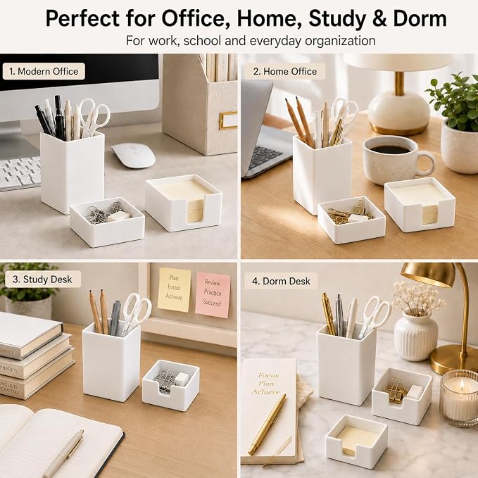 minimaliving Aesthetic Silicone Desk Organizer Set of 3,Modern Office Desk Accessories with Pen Holder,Paperclip Tray,Sticky Note Holder,Stylish Functional Office Desk Decor for Back-to-school(White)