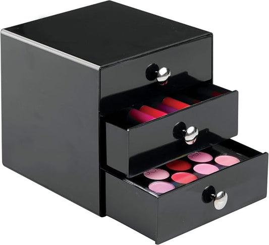 iDesign 35360 3-Drawer Plastic Vanity Organizer, Compact Storage Organization Set for Cosmetics, Dental Supplies, Hair Care, Bathroom, Dorm, Desk, Countertop, Office, 6.5" x 6.5" x 6.5", Black | BPA-Free Plastic