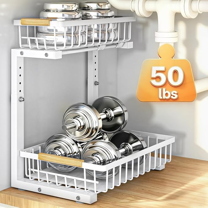 Under Sink Organizer, Height Adjustable Under Sink Organizers and Storage, 2 Tier Pull Out Drawer Cabinet Storage for Kitchen Bathroom, 1 Pack, White | cabinet organizer, 5 level adjustable, quiet sliding rails, dual suction and nano tape, no drill, ru...