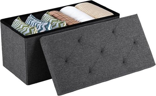 Sweetcrispy 30 Inch Folding Storage Ottoman Bench, Ottoman with Storage | Large Hidden Storage Chest with Padded Seat, Foot Rest Stool, End of Bed Bench for Bedroom, Living Room, Linen Fabric, Gray