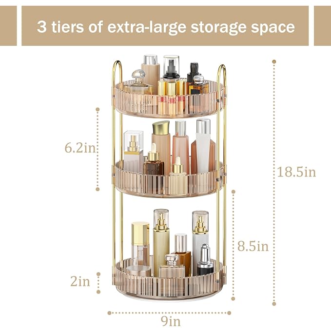MOKANI 360 Rotating Makeup Organizer for Vanity, 3 Tier Perfume Organizer | Adjustable Multi-Function Spinning Cosmetics Skincare Storage for Bedroom, Dresser, Countertop, Amber