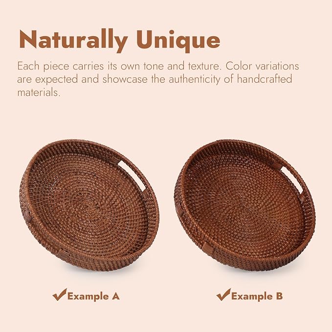 11.8 inch Round Rattan Tray, Decorative Coffee Table Tray, Ottoman Trays, Woven Serving Trays with Handles Wicker Serving Basket, Reddish-Brown