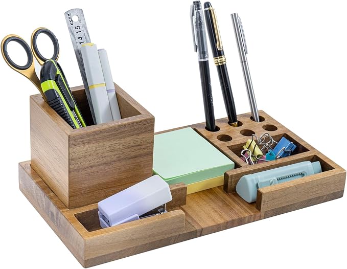 MyGift Wood Desk Tray Desk Organizer Office Desktop Pen Holder Sticky Note Holder Acacia Solid Wood Storage Tray