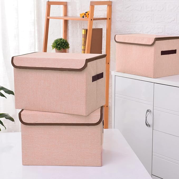 Bagnizer Linen Fabric Foldable Storage Cube Bin Organizer Basket with Flip-Top Lid & Handles, Large Clothes Blanket Box for Home, Office, Closet, Pink, 4 Pack 14.6 x 9.5 x 9.5”
