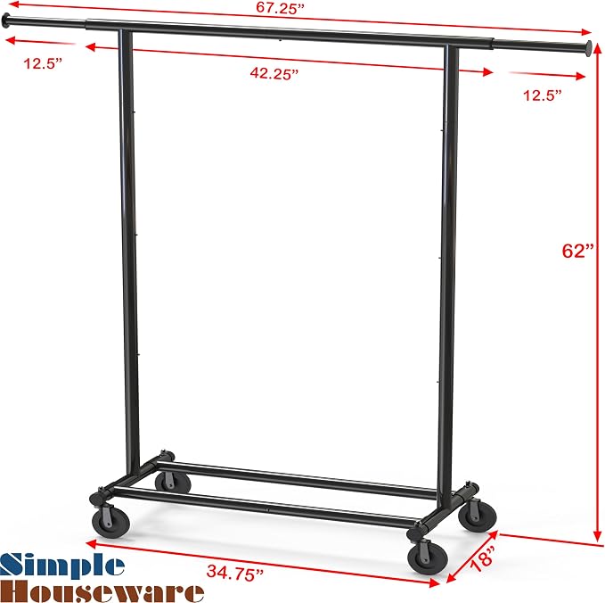 Simple Houseware Heavy Duty Clothing Garment Rack, Black | Holds Up to 150 lbs, Extendable Width from 42 to 67 Inches