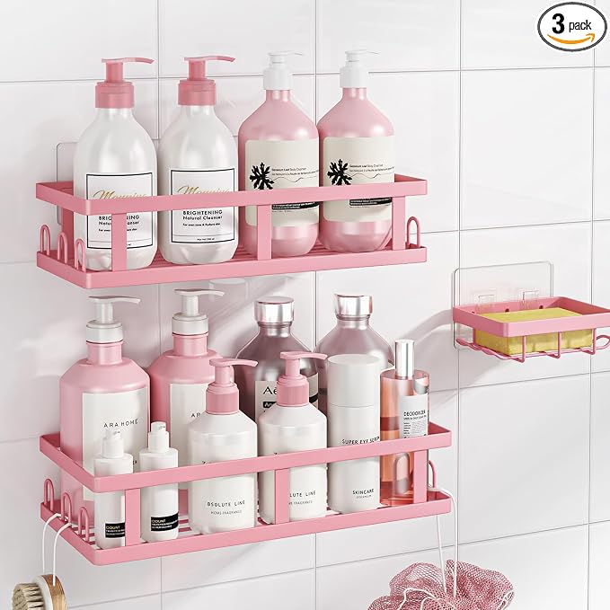 Youvip Shower Caddy Adhesive,No Drill Bathroom Organizer,Large Capacity Rustproof Shelves for Inside Shower,Bathroom Organizers and Storage,Pink