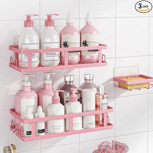 Youvip Shower Caddy Adhesive,No Drill Bathroom Organizer,Large Capacity Rustproof Shelves for Inside Shower,Bathroom Organizers and Storage,Pink