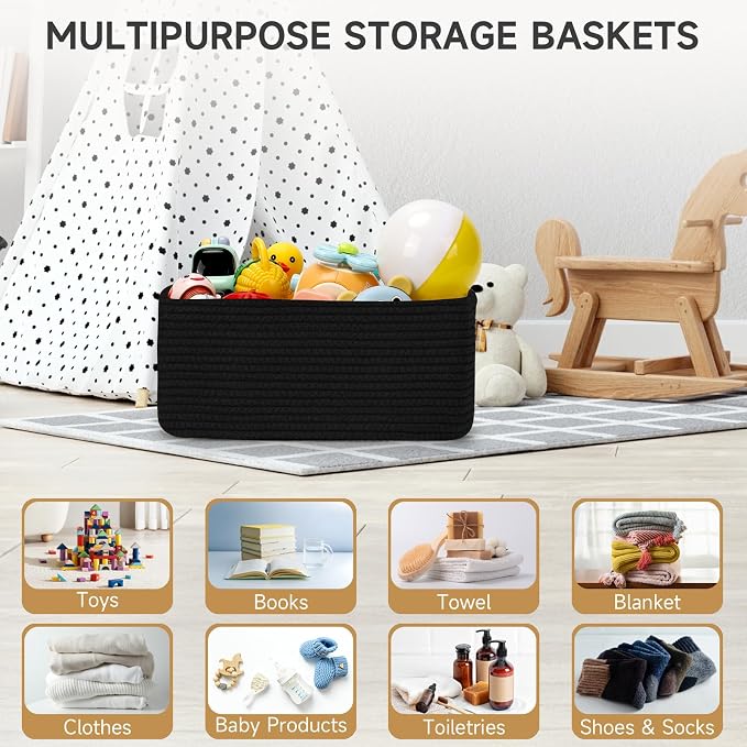 3-Pack Small Storage Baskets for Organizing | Woven Shelf Toy Basket | Rope Baskets for Gifts Empty | Closet Organizer Bins with Handles | Cube Decorative Box | 11.8×7.8×5.1” | Mixed Black