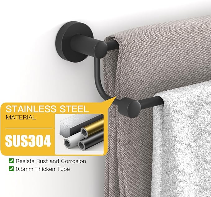 BESy Double Towel Bar Towel Rack for Bathroom Bath Wall Mounted Matte Black | Adjustable 16-26 In,Wall Mounted Towel Holder, Stainless Steel, Rustproof, Towel Bar Rod Hanger Hardware Accessories Hotel