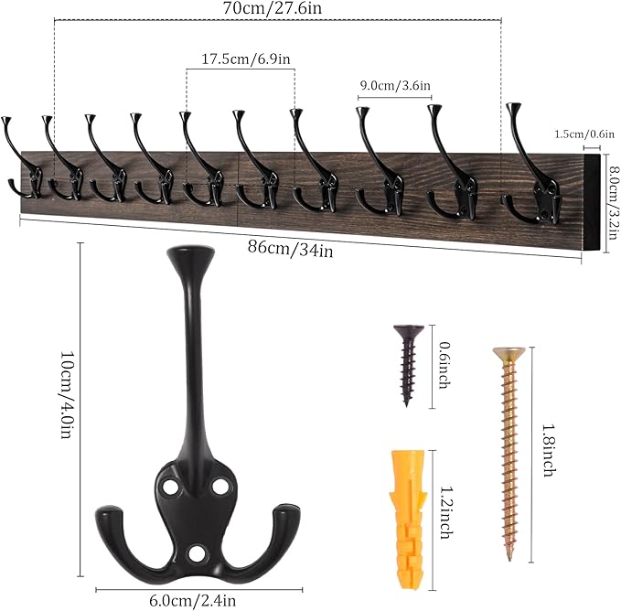 IBosins Vintage Wall Mounted Coat Rack, 34" Long with 10 Black Tri-Hooks | Coat Hanger Wall Mount,10 Rustic Coat Hooks Rail for Entryway, Living Room, Coat, Scarf, Bag ,Towel, Hat