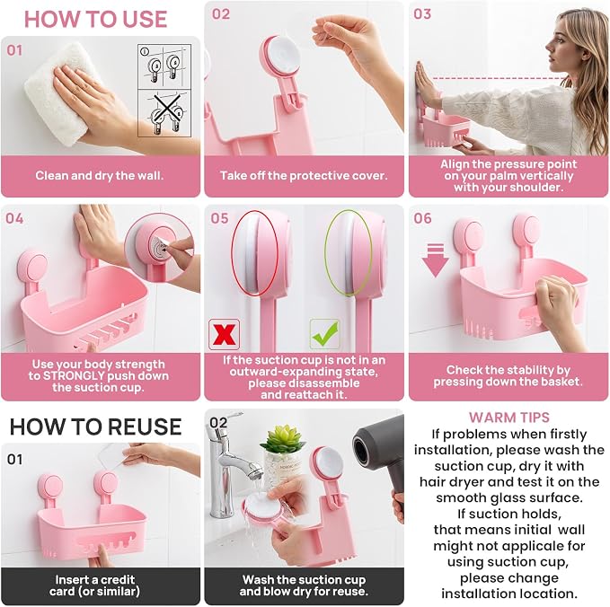 LEVERLOC Shower Caddy Suction Cup Set Shower Organizer & Soap Holder, Pink | Toothbrush Holder, Bathroom Shelf Basket NO-Drilling, Removable Suction Storage, Waterproof Bathroom Caddy