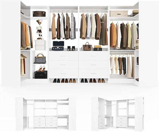 Aheaplus Closet System with 6 Drawers, 6 Hanging Rods & Corner Tower, Corner Closet System with Hanging, 112.5" U-Shaped Walk-In Wardrobe Organizer, 2000+ lbs Capacity, Set of 4, -U4, White