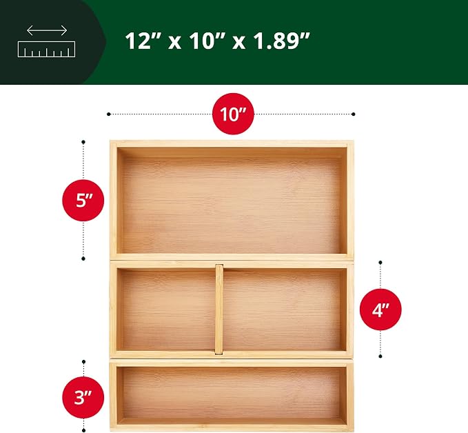 ROYAL CRAFT WOOD Luxury Bamboo Drawer Organizer Storage Box, Bin Set - Multi-Use Drawer Organizer for Kitchen, Bathroom, Office Desk, Makeup, Jewelry (3 Boxes)